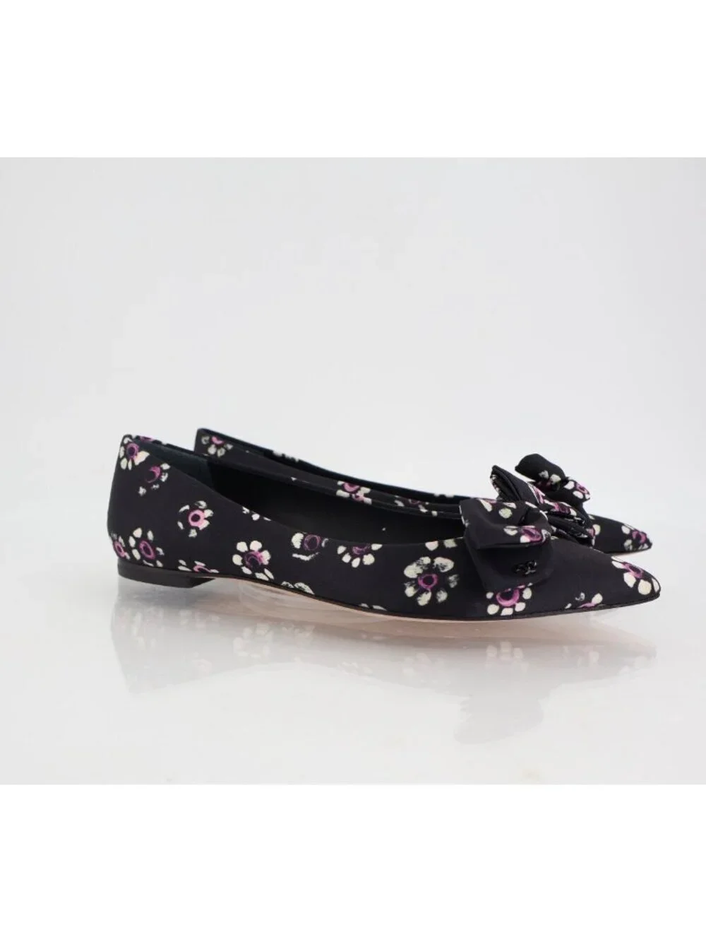 Tory Burch Rosalind Ballet Flats Women's Size 5 Black Floral Satin Bow Pointed